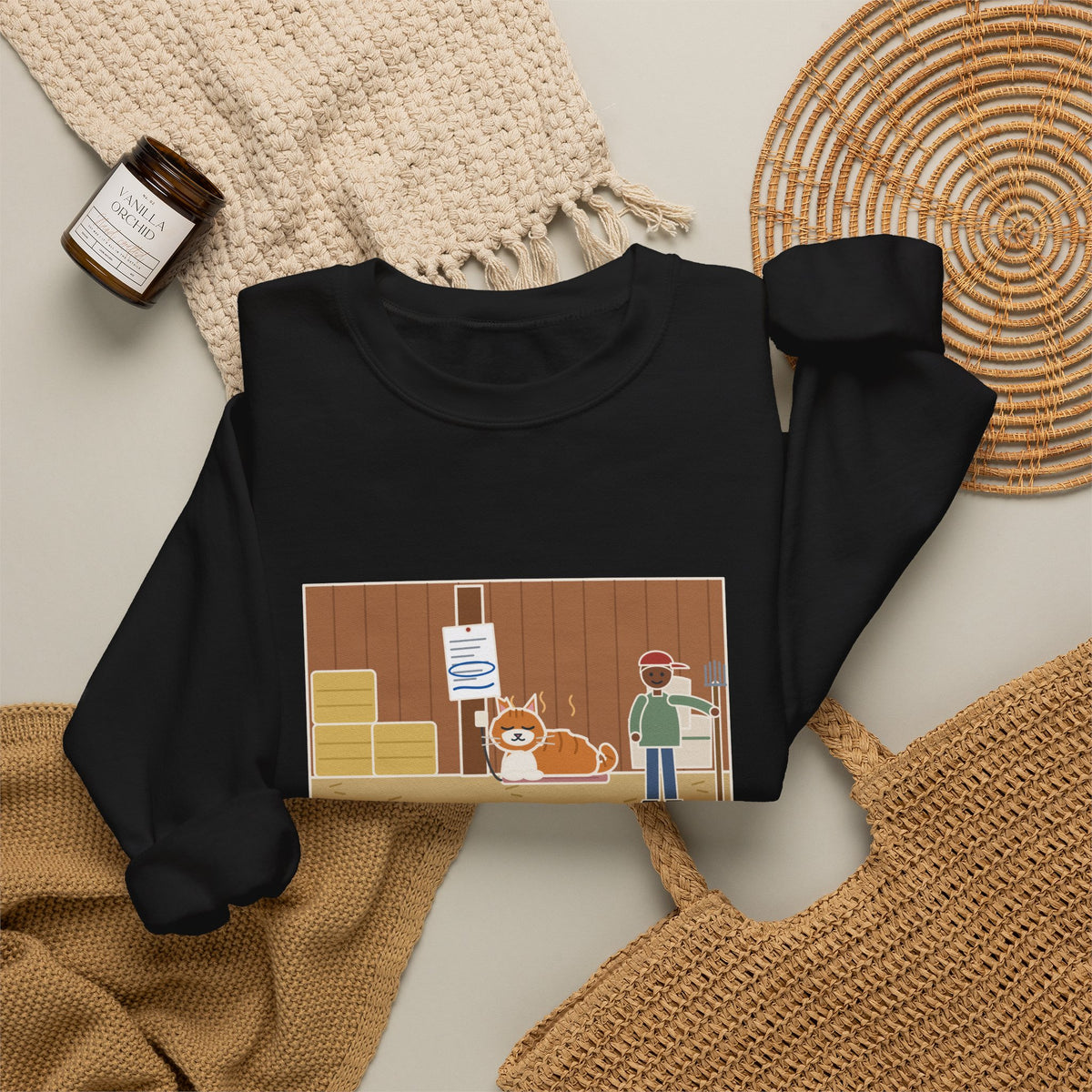 Barn Cat Sweatshirt, Showed Up in May, Now He Has a Heated Bed and His Name on the Feed Bill, Funny Barn Corner Crewneck
