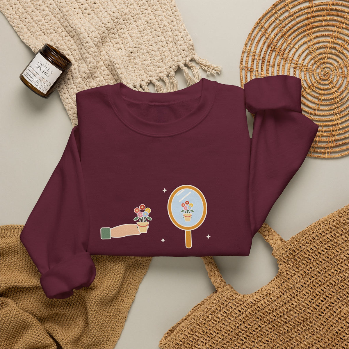 To Love Oneself Is the Beginning of a Life-Long Romance Sweatshirt, Self-Love Oscar Wilde Quote Crewneck with Mirror Bouquet