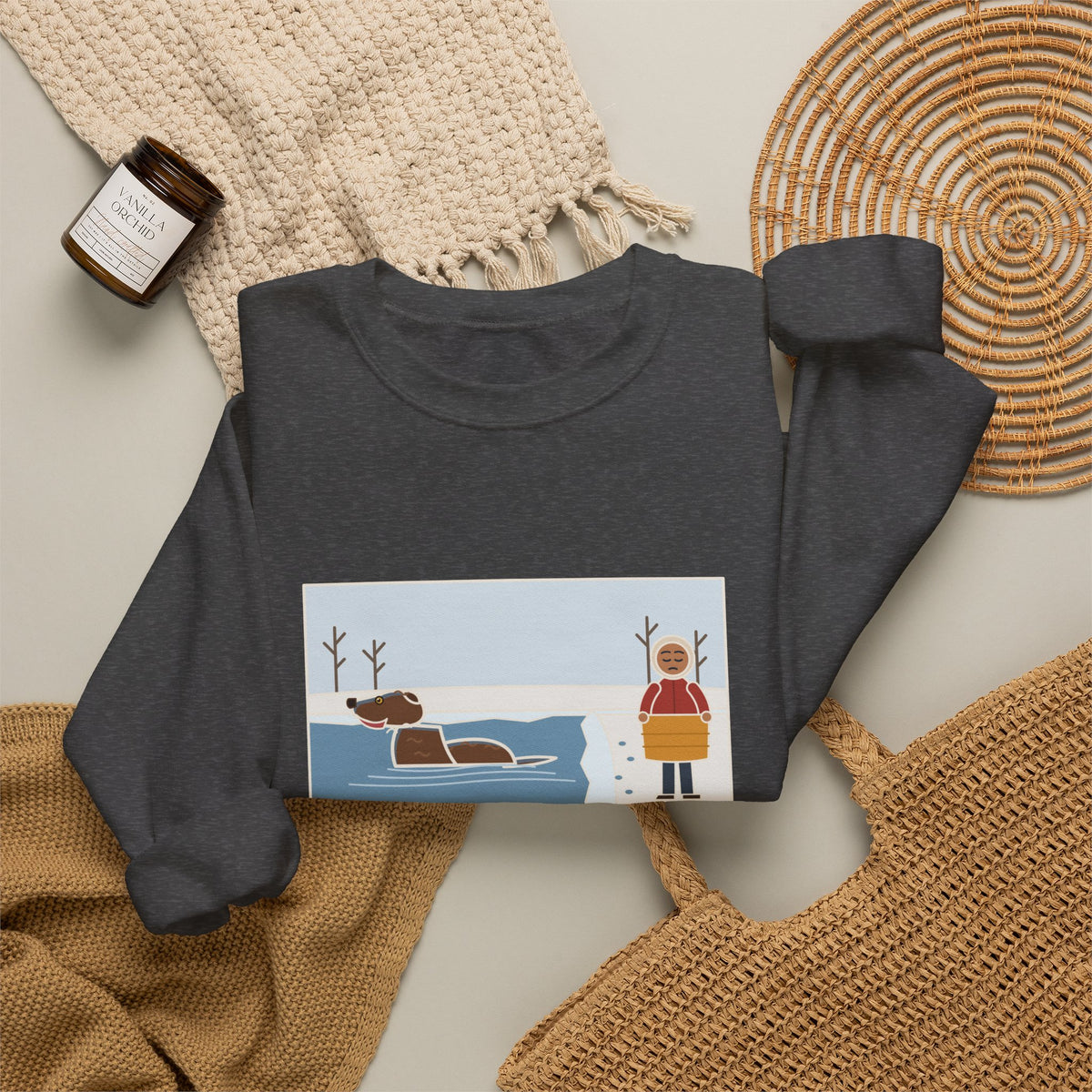Chesapeake Bay Retriever Sweatshirt, Saw the Lake in January and Went In Anyway, Twice, Funny Winter Lake Crewneck
