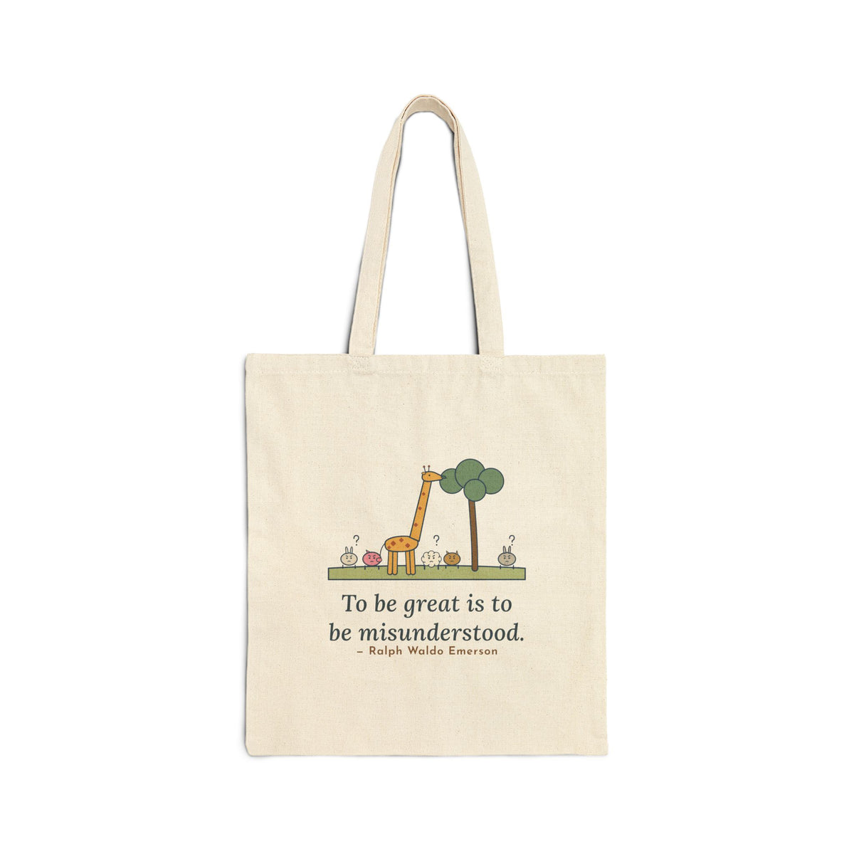 To Be Great Is to Be Misunderstood Tote Bag, Wisdom Emerson Quote Tote with Tall Giraffe