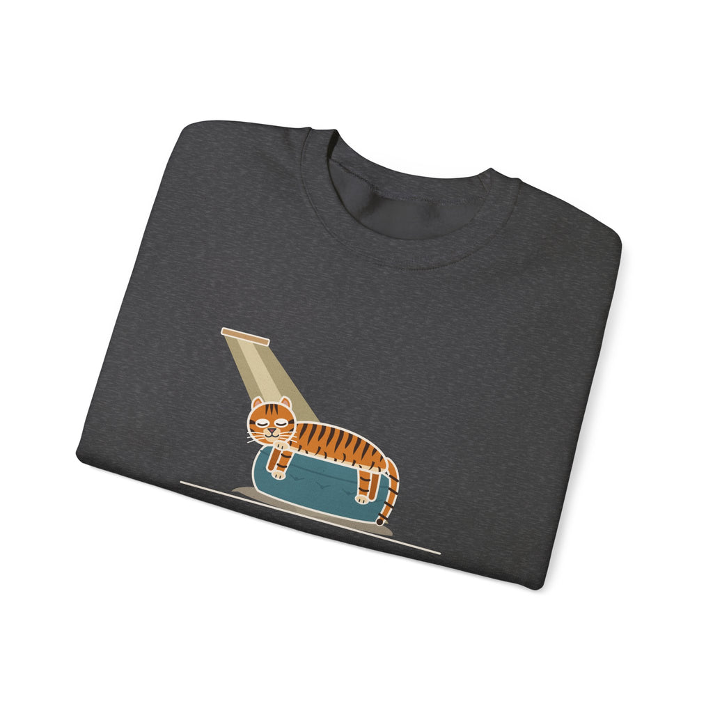 Tiger-Striped Cat Crewneck Sweatshirt - Sprawled on the Ottoman Like a Tiger on a Sun Rock Cat Gift