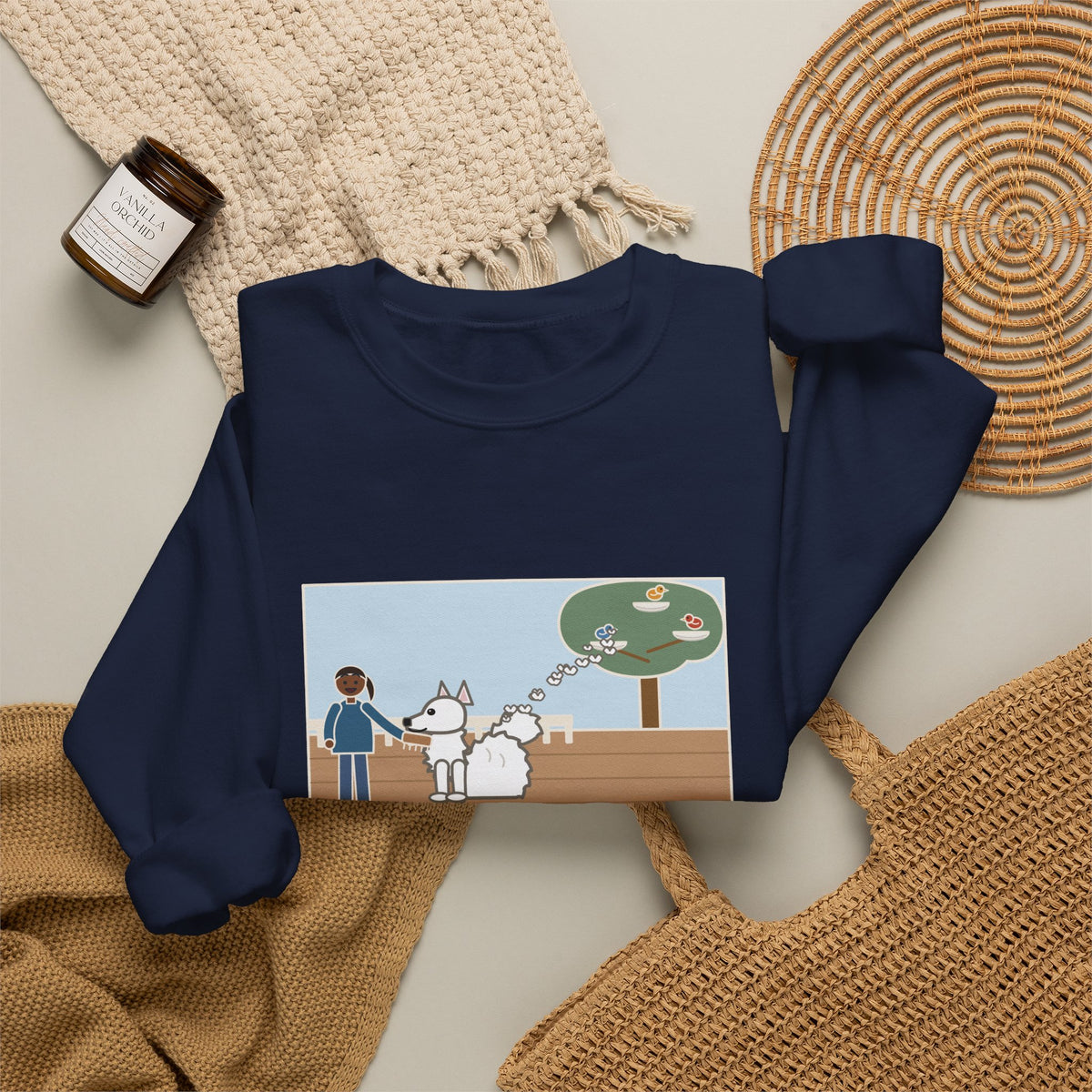 American Eskimo Dog Sweatshirt, Brushed the Eskie on the Porch, The Birds Built Three Nests from It, Funny Porch Brushing Crewneck