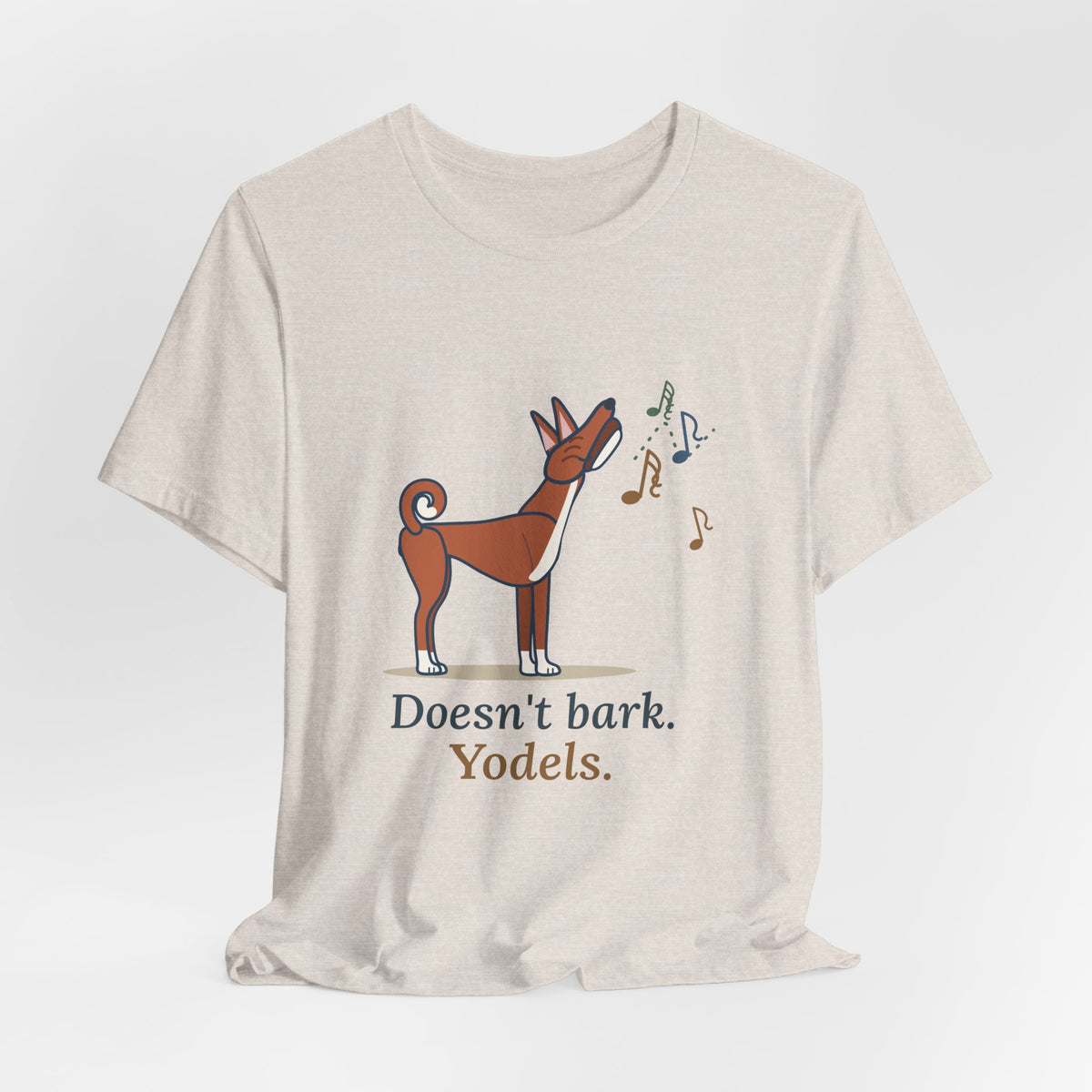 Basenji T-Shirt - Doesn't Bark. Yodels. Funny Barkless Dog Owner Tee