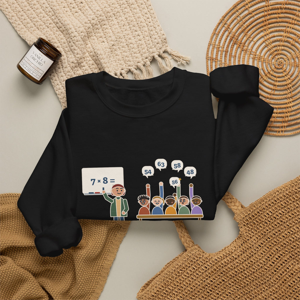 4th Grade Teacher Crewneck Sweatshirt - Seven Times Eight, Thirty Hands Up, Thirty Answers