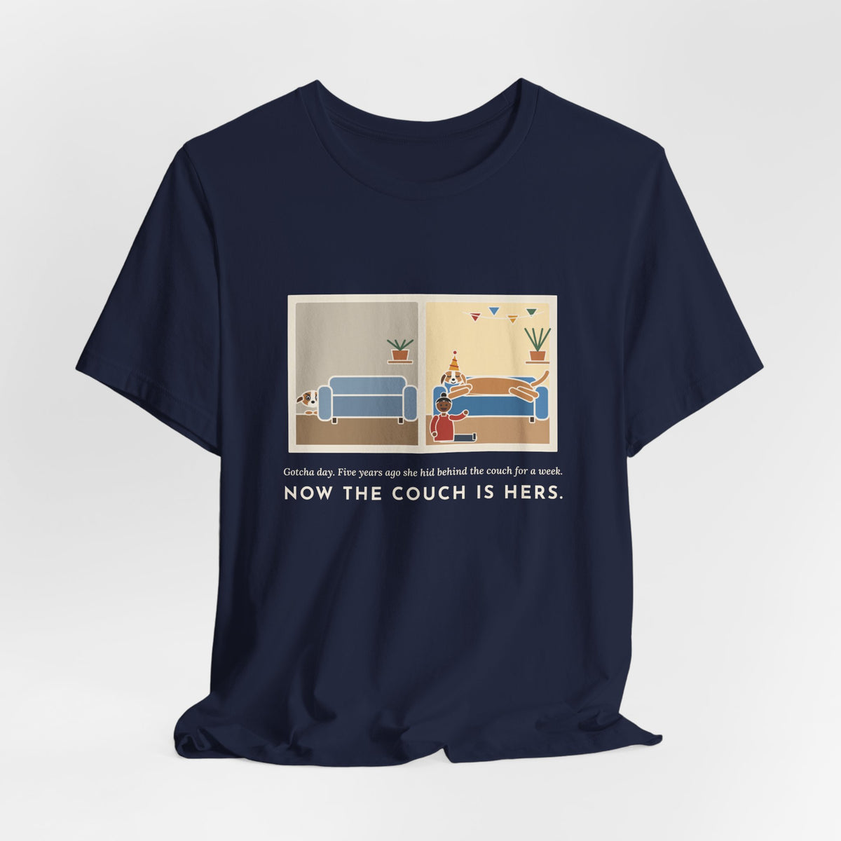 Funny Gotcha Day T-Shirt, Five Years Ago She Hid Behind the Couch, Now the Couch Is Hers, Then and Now Tee