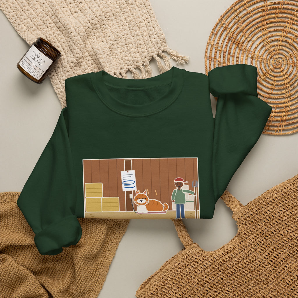 Barn Cat Sweatshirt, Showed Up in May, Now He Has a Heated Bed and His Name on the Feed Bill, Funny Barn Corner Crewneck