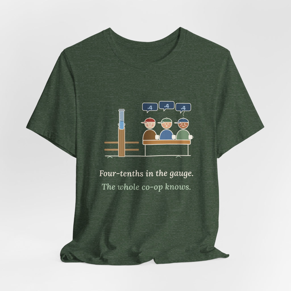 Farmer T-Shirt - Four-Tenths in the Gauge. The Whole Co-op Knows. Rain Gauge Tee