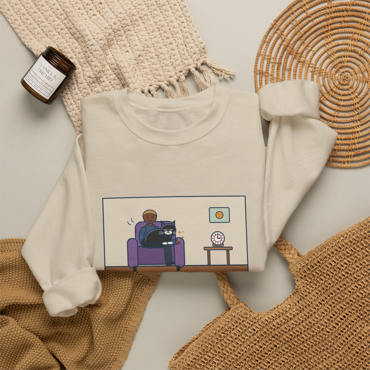 Cat Lap Sweatshirt, His Arm Fell Asleep at Minute Ten, The Cat Stayed Till Minute Sixty, Funny Armchair Hour Crewneck
