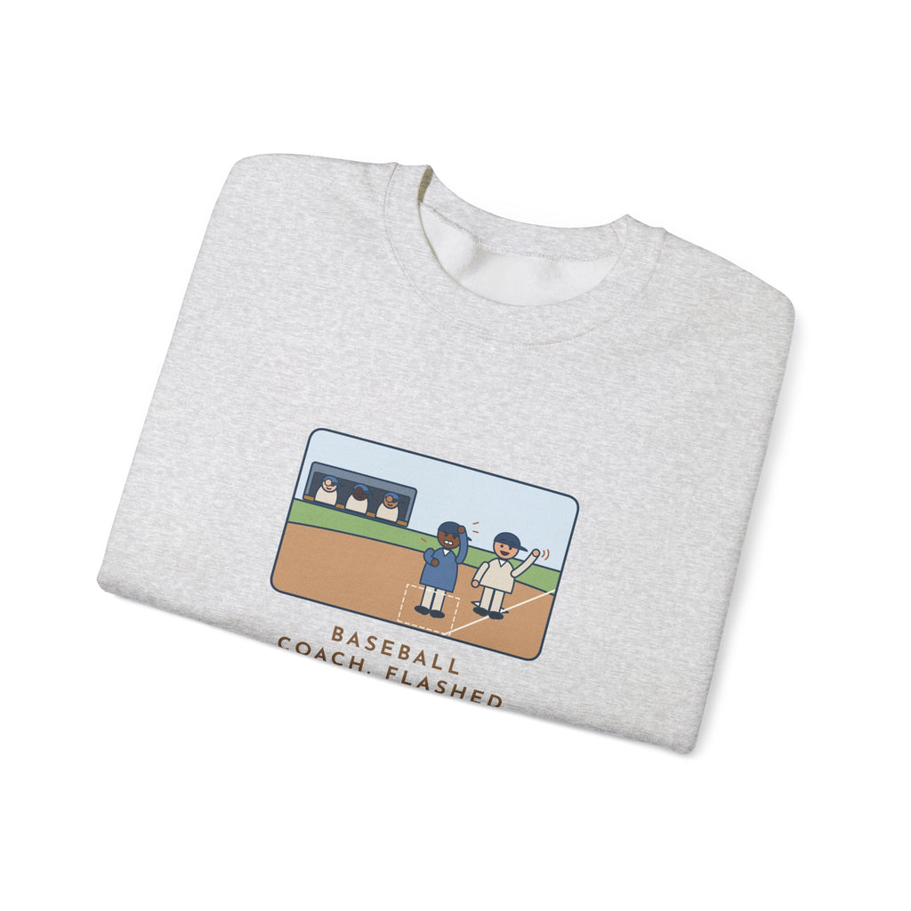 Baseball Coach Sweatshirt, Flashed Fourteen Signs to Third Base, The Runner Waved Back, Funny Third Base Box Crewneck