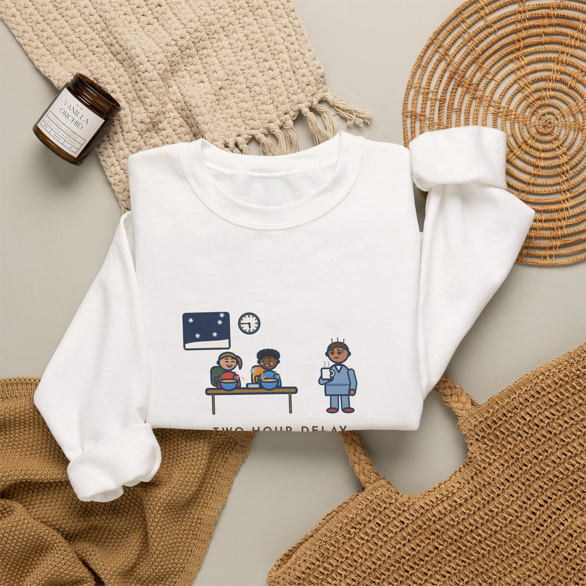 Two-Hour Delay Sweatshirt, Announced at 5:45 a.m., Both Kids Already Dressed and Eating Cereal, Funny Dawn Kitchen Crewneck