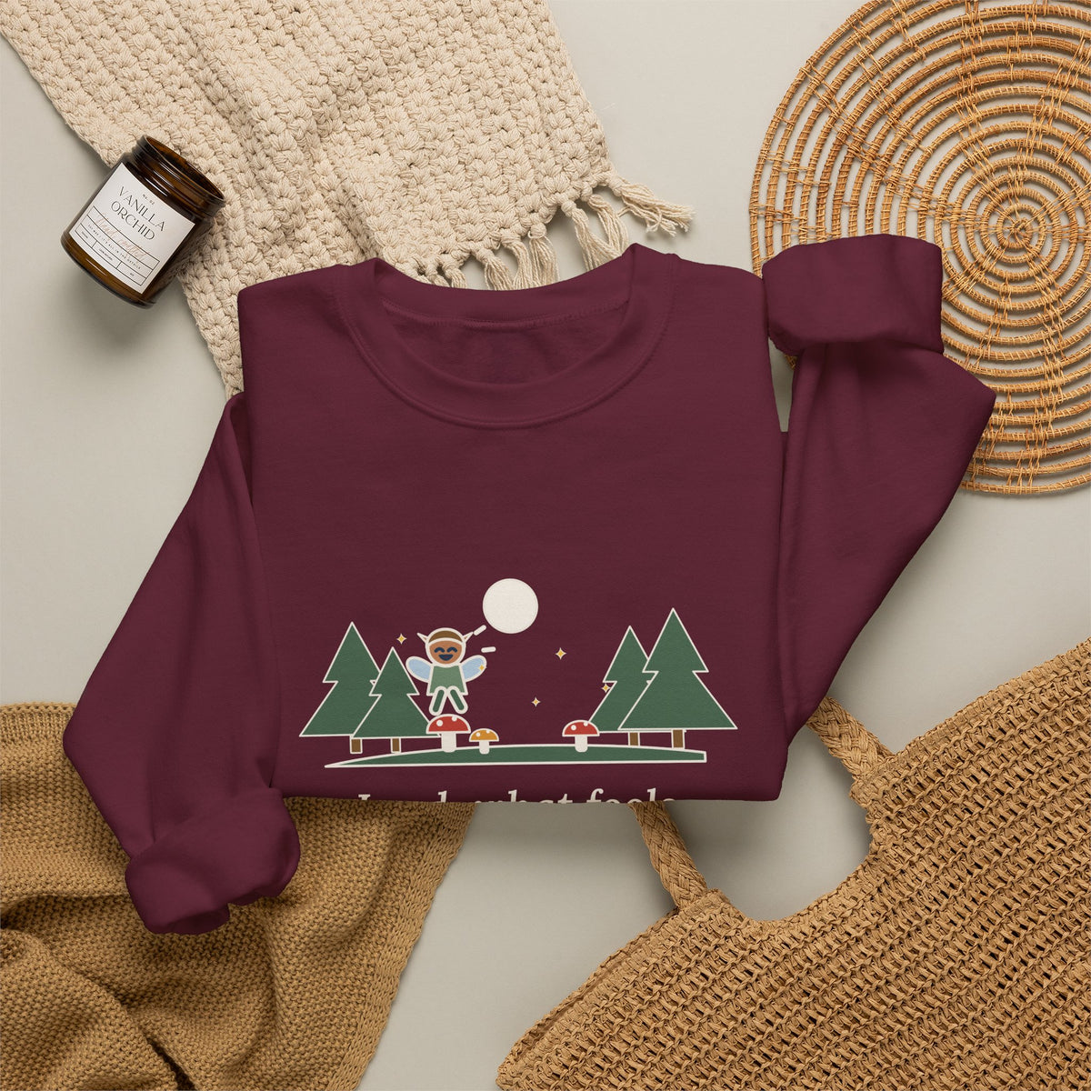Lord, What Fools These Mortals Be Sweatshirt, Whimsical Shakespeare Humor Quote Crewneck with Mushroom Sprite