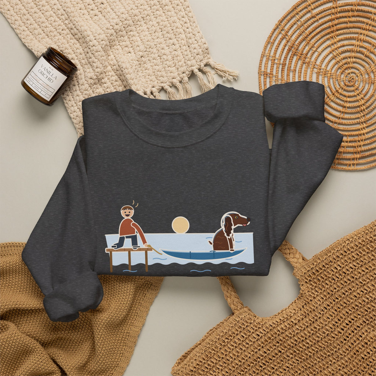 Boykin Spaniel Crewneck Sweatshirt - Seated in the Canoe Before the Rope Came Off