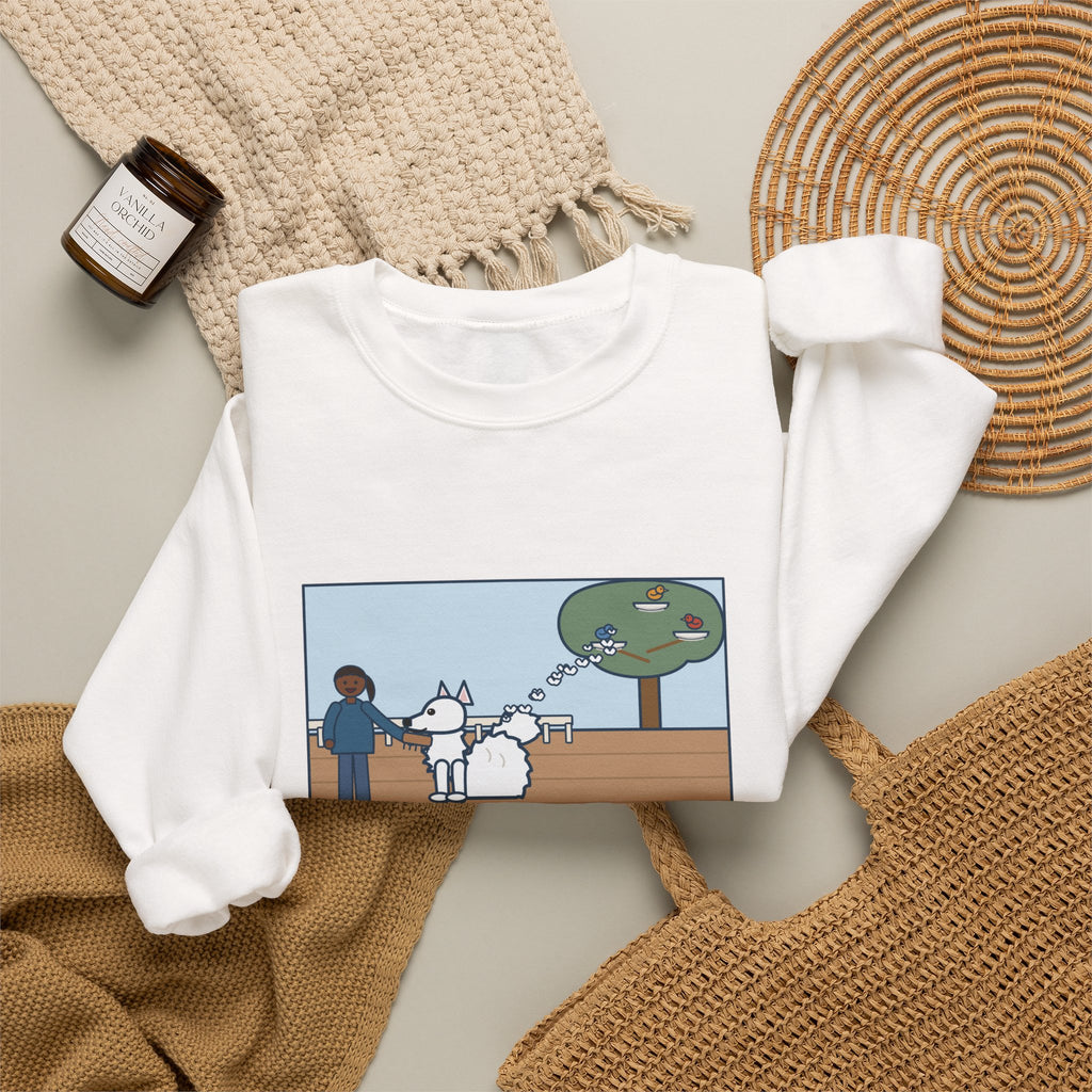 American Eskimo Dog Sweatshirt, Brushed the Eskie on the Porch, The Birds Built Three Nests from It, Funny Porch Brushing Crewneck