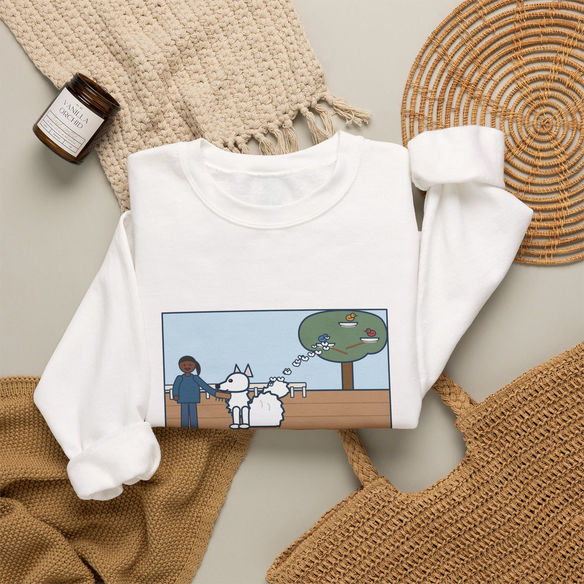 American Eskimo Dog Sweatshirt, Brushed the Eskie on the Porch, The Birds Built Three Nests from It, Funny Porch Brushing Crewneck