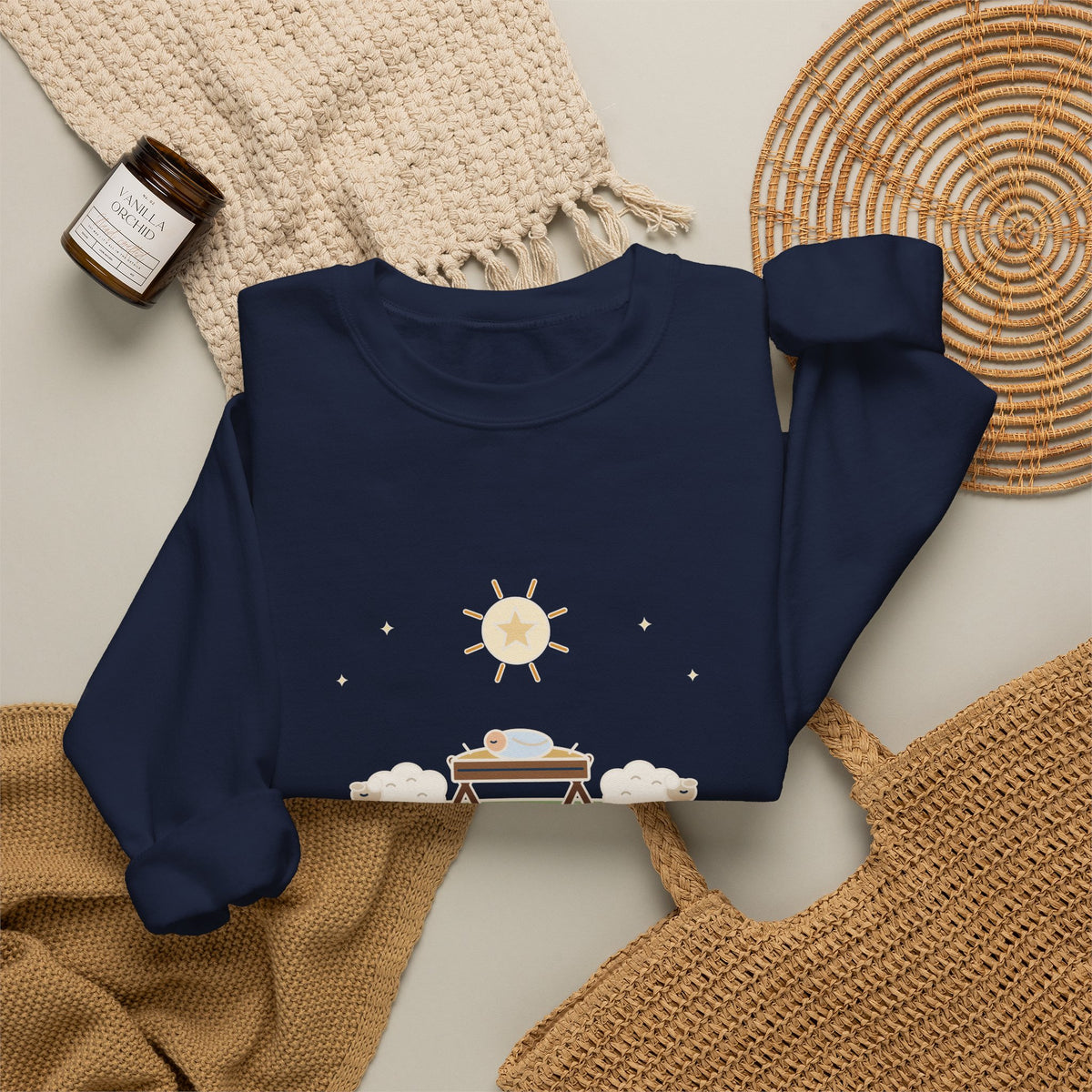Away in a Manger Sweatshirt, Christmas Anonymous Quote Crewneck with Manger and Lambs
