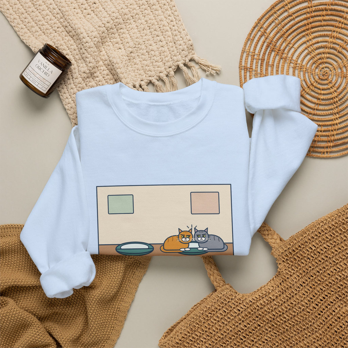Two Cats Sweatshirt, Two Identical Beds, Both Cram into the Same One and Glare, Funny Bed Standoff Crewneck