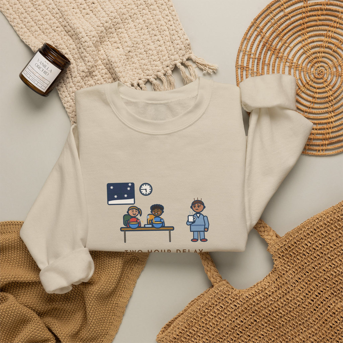 Two-Hour Delay Sweatshirt, Announced at 5:45 a.m., Both Kids Already Dressed and Eating Cereal, Funny Dawn Kitchen Crewneck