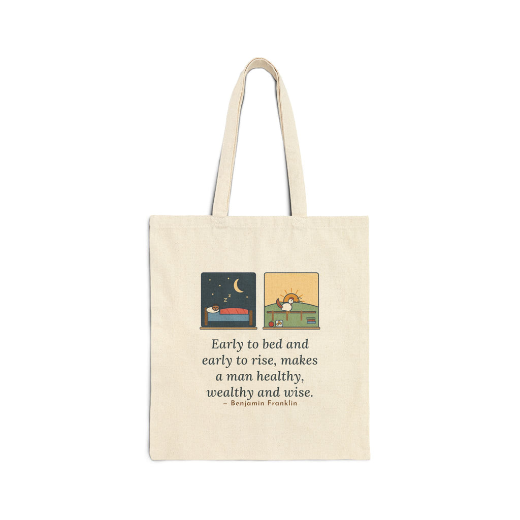 Early to Bed and Early to Rise Tote Bag, Early Riser Franklin Wisdom Quote Tote with Moon and Rooster