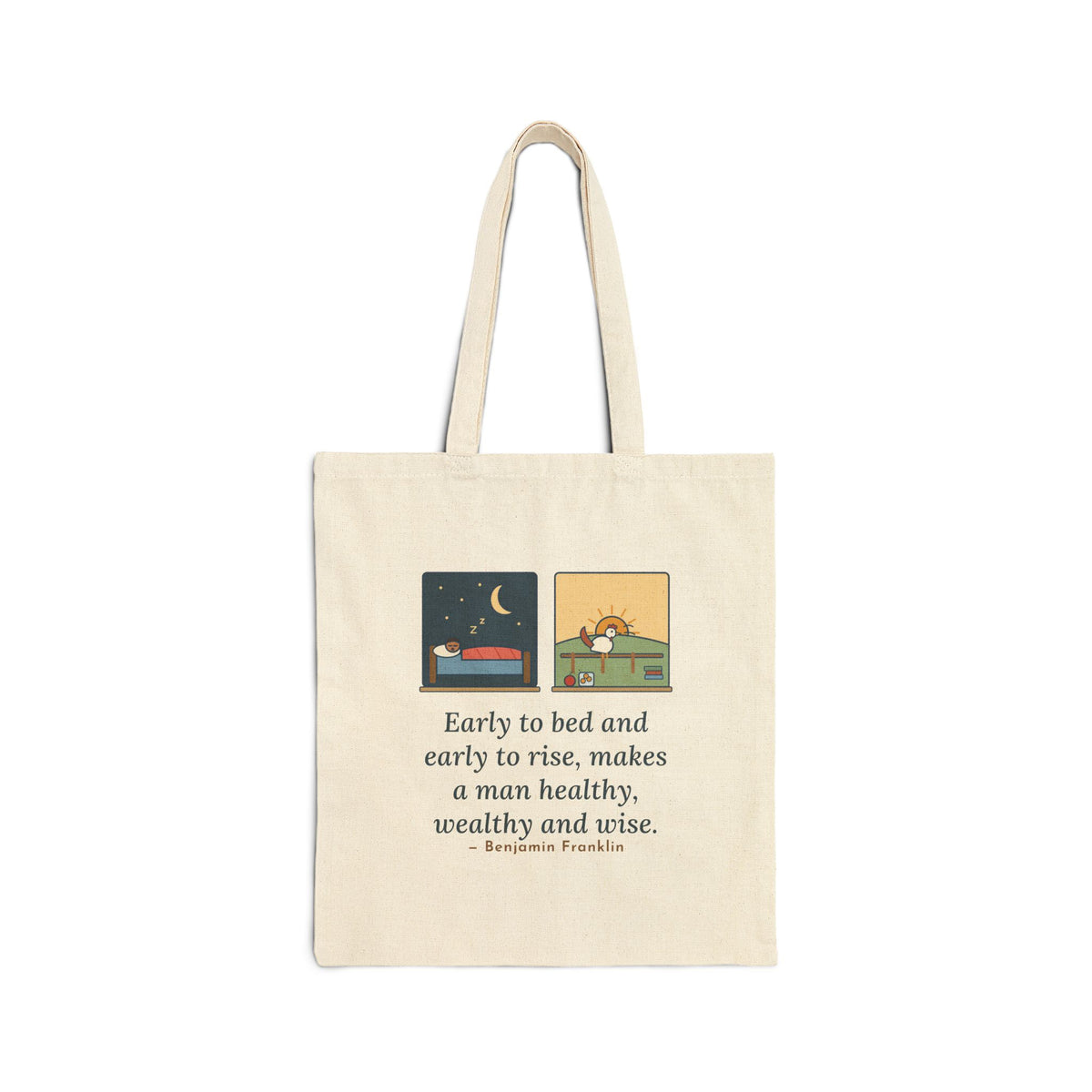 Early to Bed and Early to Rise Tote Bag, Early Riser Franklin Wisdom Quote Tote with Moon and Rooster