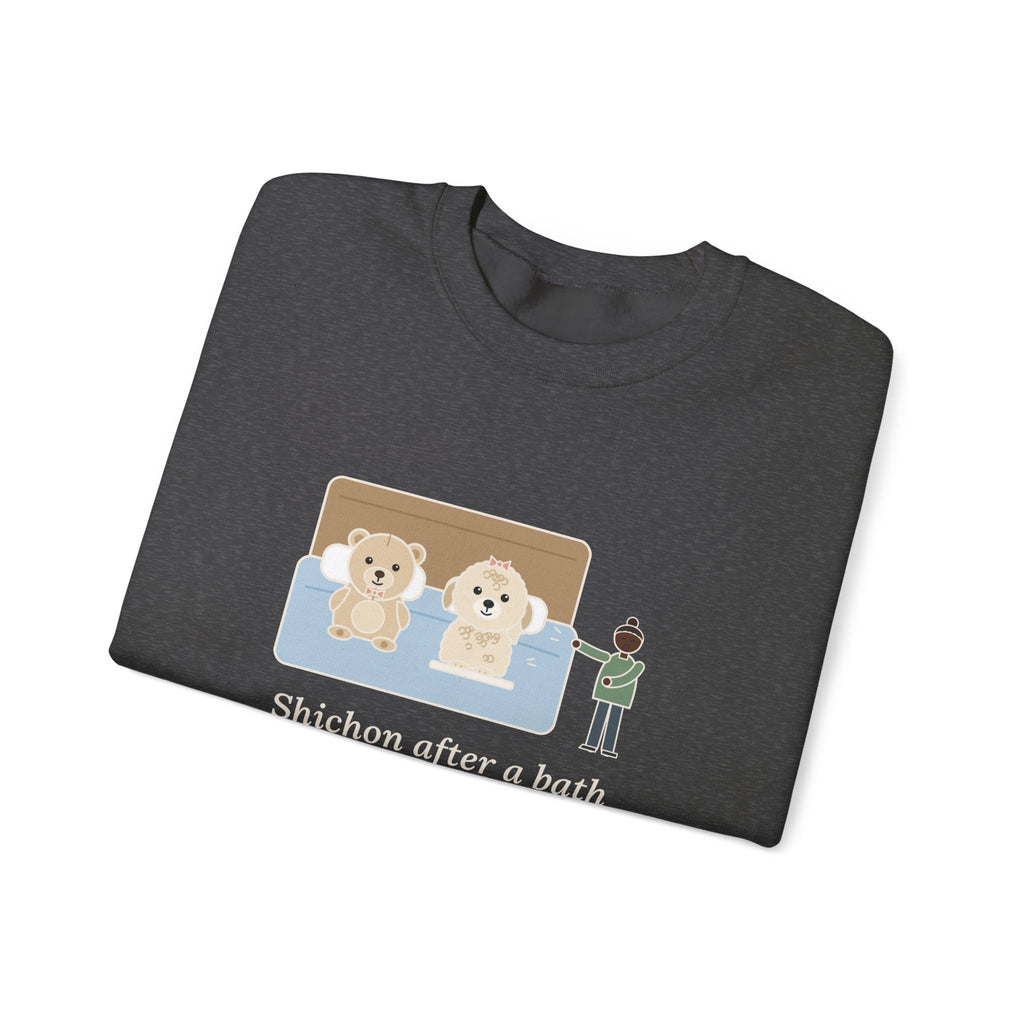 Shichon Sweatshirt, After a Bath Looks Exactly Like the Stuffed Bear She Sleeps Next To, Funny Bath Day Twin Crewneck