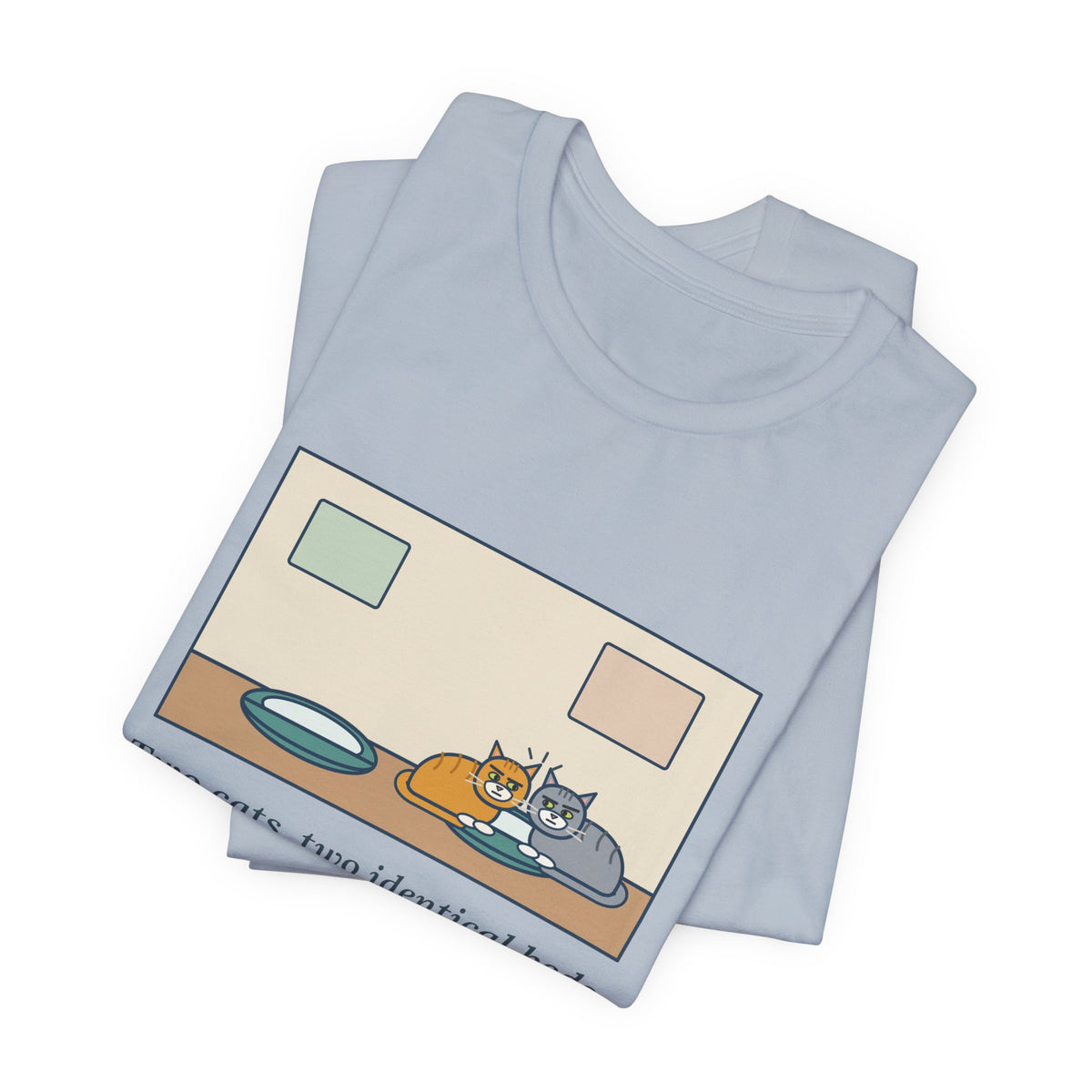 Funny Two Cats T-Shirt, Two Identical Beds, Both Cram into the Same One and Glare, Bed Standoff Tee