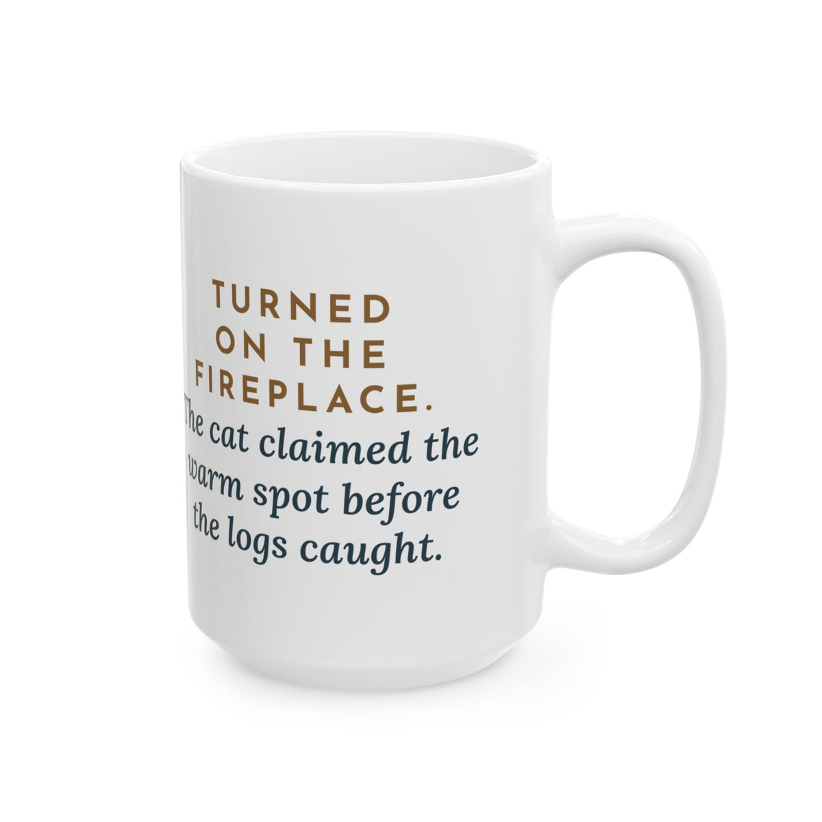 Turned On the Fireplace, The Cat Claimed the Warm Spot Before the Logs Caught 15oz Mug, Large Funny Fireplace Cat Coffee Mug