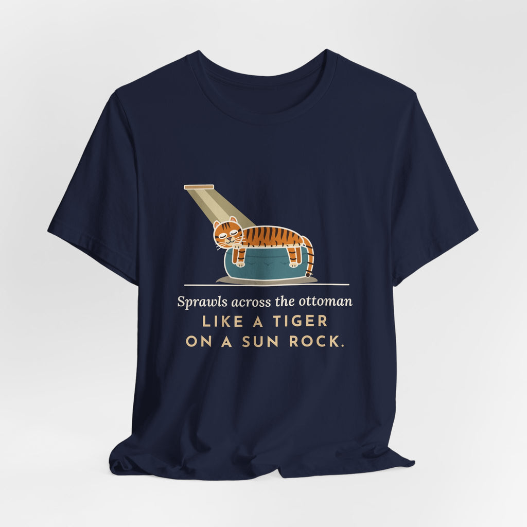 Tiger-Striped Cat T-Shirt - Sprawls Across the Ottoman Like a Tiger on a Sun Rock Striped Cat Tee