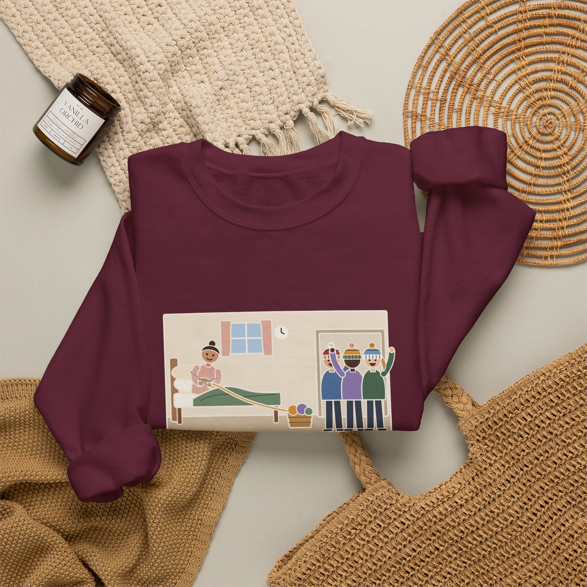 Antepartum Nurse Sweatshirt, Week Five of Bed Rest, She Knitted a Hat for Every Nurse on Day Shift, Funny Knitted Hats Crewneck