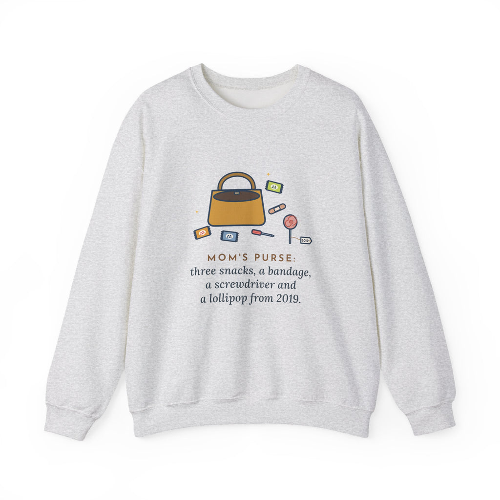 Mom Sweatshirt, Mom's Purse, Three Snacks, a Bandage, a Screwdriver and a Very Old Lollipop, Funny Purse Flat-Lay Crewneck