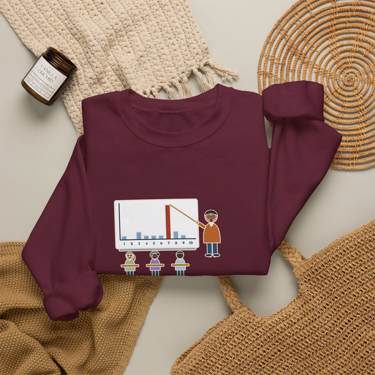 Statistics Teacher Crewneck Sweatshirt - Random Number Bar Chart Spike at Seven