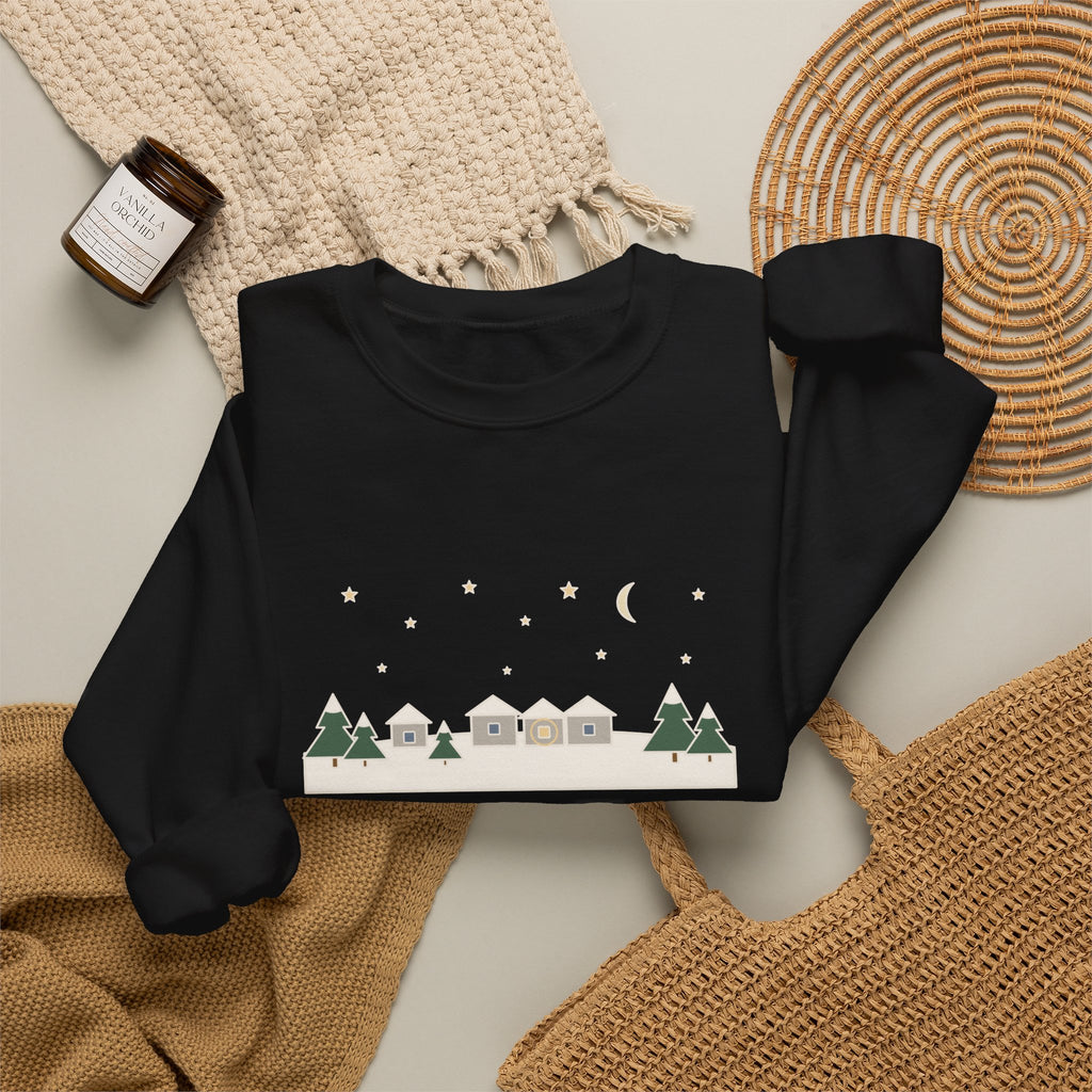 All Is Calm, All Is Bright Sweatshirt, Christmas Joseph Mohr Quote Crewneck with Snowy Village Night