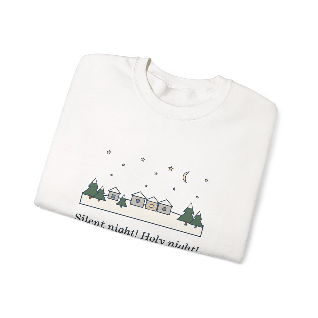 All Is Calm, All Is Bright Sweatshirt, Christmas Joseph Mohr Quote Crewneck with Snowy Village Night