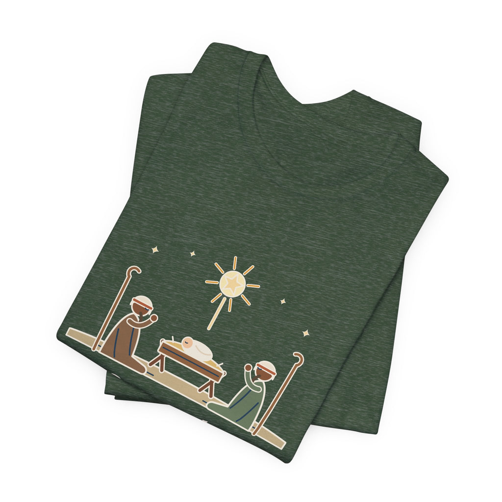 Oakeley Quote T-Shirt, O Come, Let Us Adore him, Christmas Woodcut Manger Tee