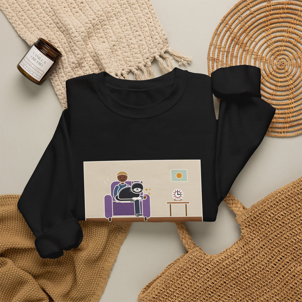 Cat Lap Sweatshirt, His Arm Fell Asleep at Minute Ten, The Cat Stayed Till Minute Sixty, Funny Armchair Hour Crewneck