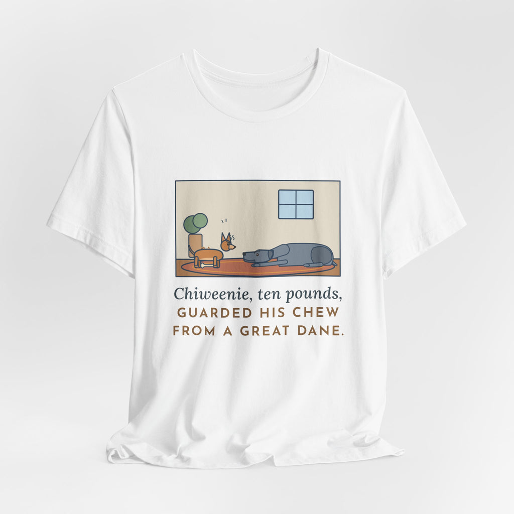 Funny Chiweenie T-Shirt, Ten Pounds, Guarded His Chew from a Great Dane, Living Room Standoff Tee