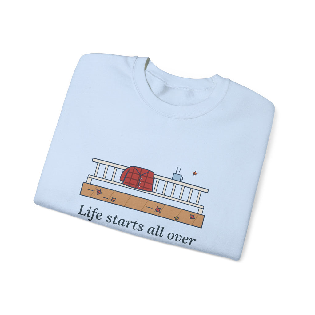 Life Starts All Over Again When It Gets Crisp Sweatshirt, Fall Fitzgerald Quote Crewneck with Porch Morning