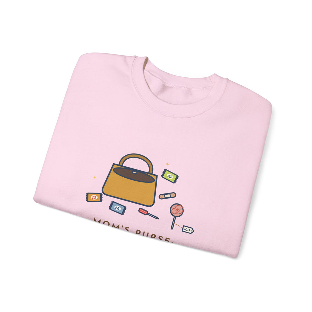 Mom Sweatshirt, Mom's Purse, Three Snacks, a Bandage, a Screwdriver and a Very Old Lollipop, Funny Purse Flat-Lay Crewneck
