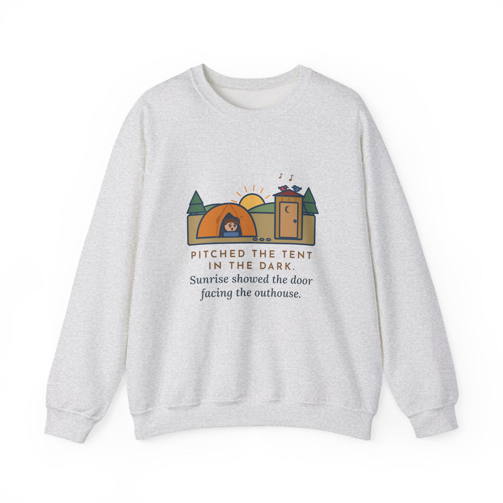 Pitched the Tent in the Dark Sweatshirt, Funny Camping Crewneck with Outhouse View