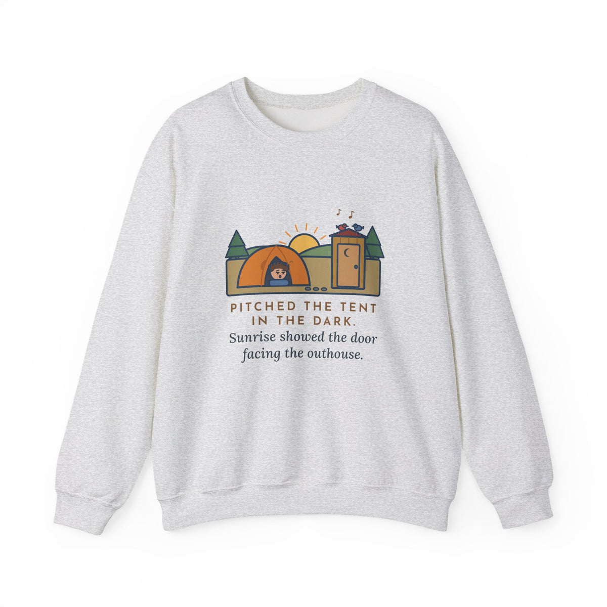 Pitched the Tent in the Dark Sweatshirt, Funny Camping Crewneck with Outhouse View