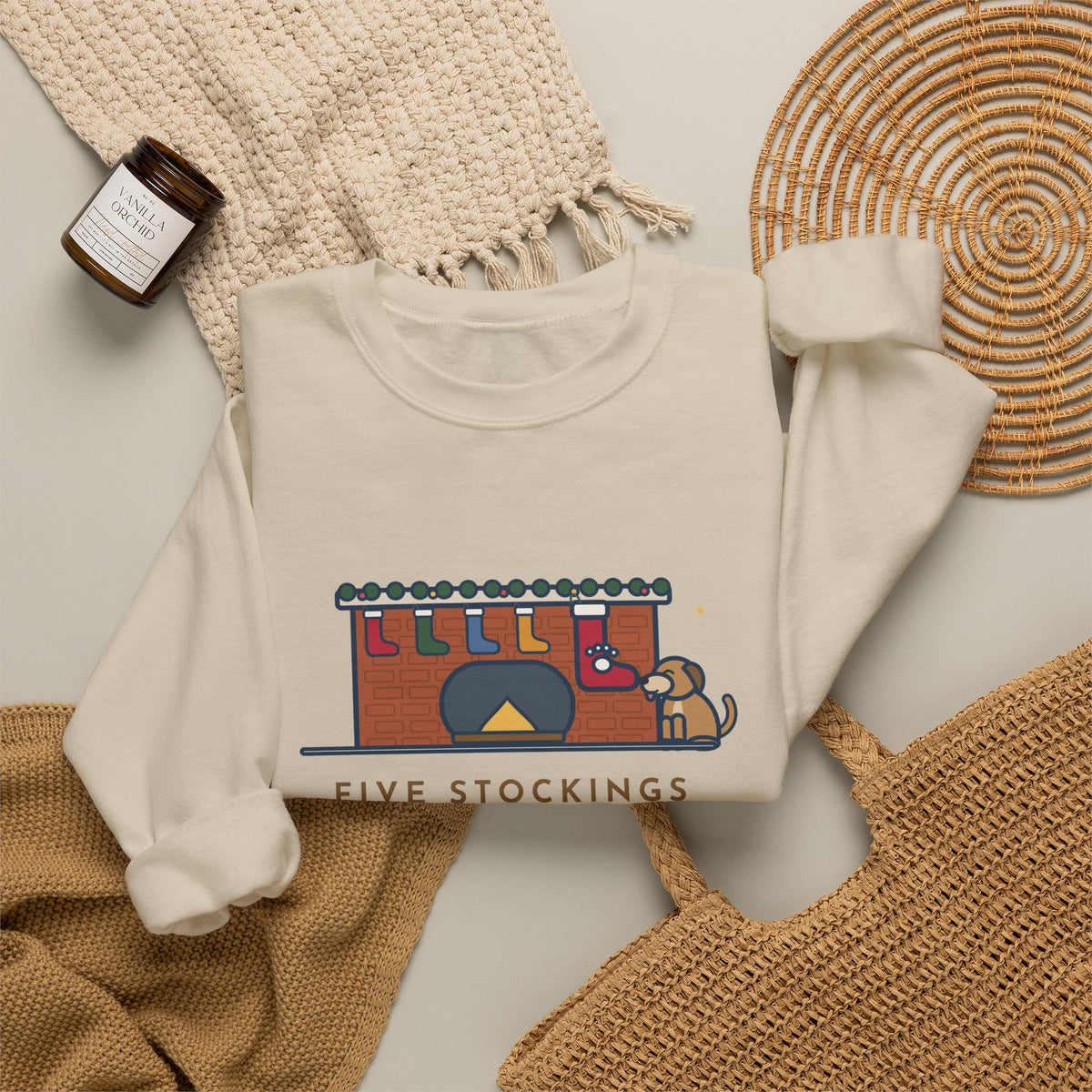 Dog Stocking Sweatshirt, Five on the Mantel, The Biggest One Has a Paw Print, Funny Mantel Crewneck