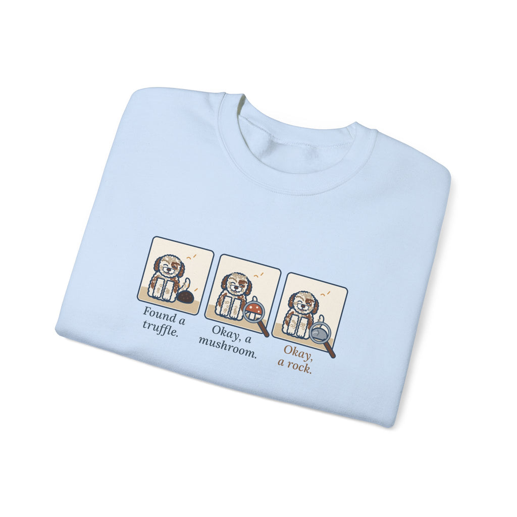 Lagotto Romagnolo Crewneck Sweatshirt - Truffle, Mushroom, Rock Three-Panel Dog Comic