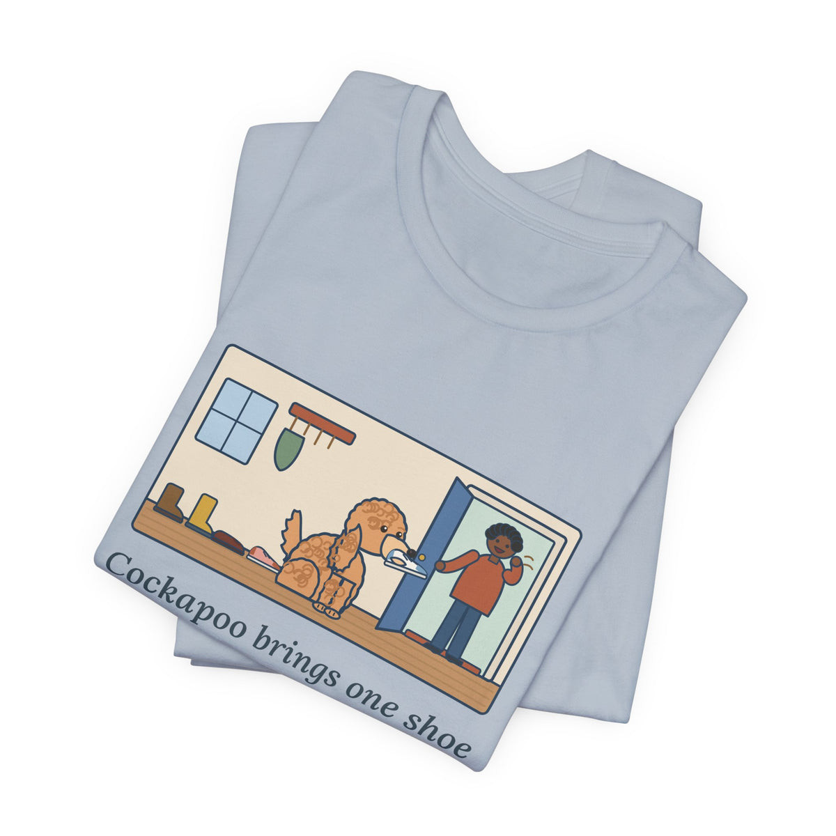 Funny Cockapoo T-Shirt, Brings One Shoe to Every Guest at the Door, Never the Pair, Front Door Greeting Tee