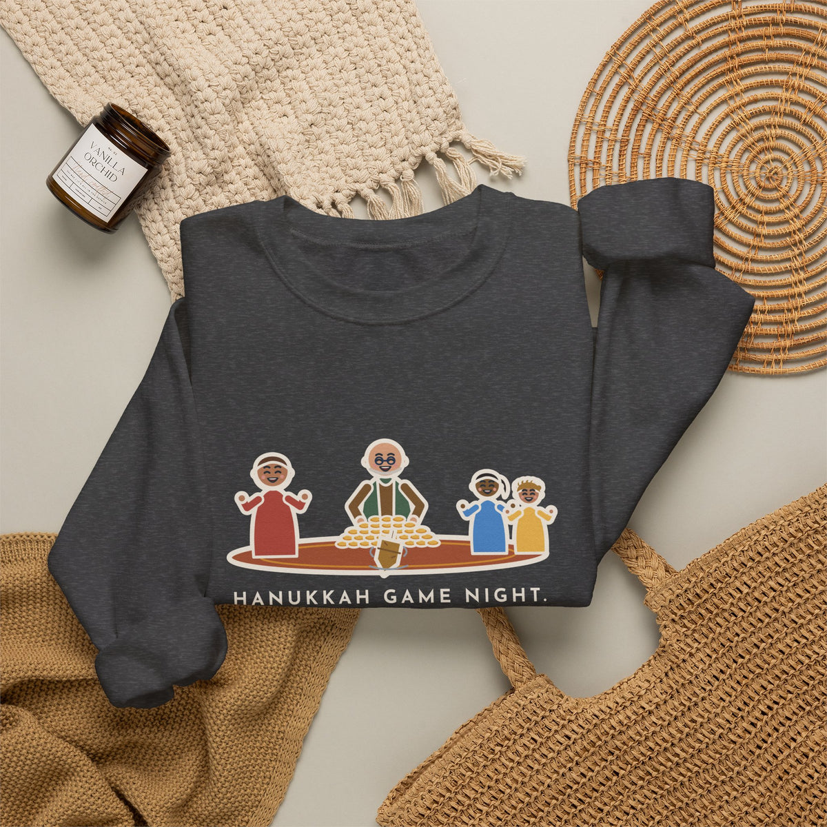 Hanukkah Game Night Sweatshirt, Grandpa Won Every Chocolate Coin with a Dreidel Older Than Mom, Funny Living Room Rug Crewneck