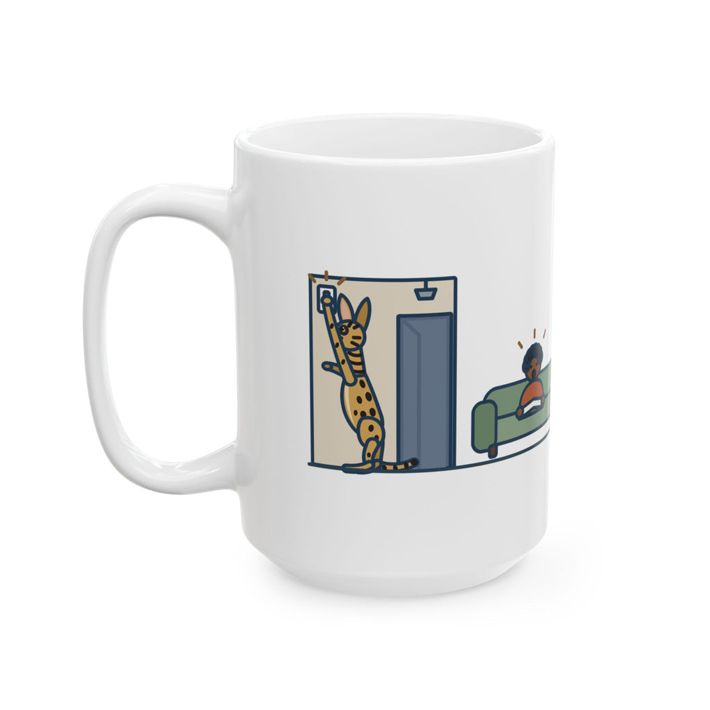 Large Serengeti Cat Mug 15oz - Switched Off the Hall Light, Spotted Long-Legged Cat