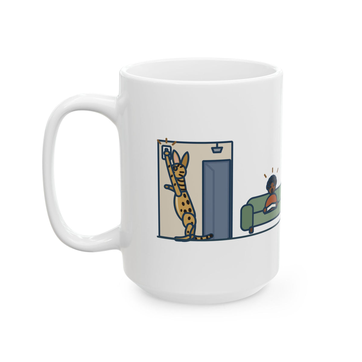 Large Serengeti Cat Mug 15oz - Switched Off the Hall Light, Spotted Long-Legged Cat
