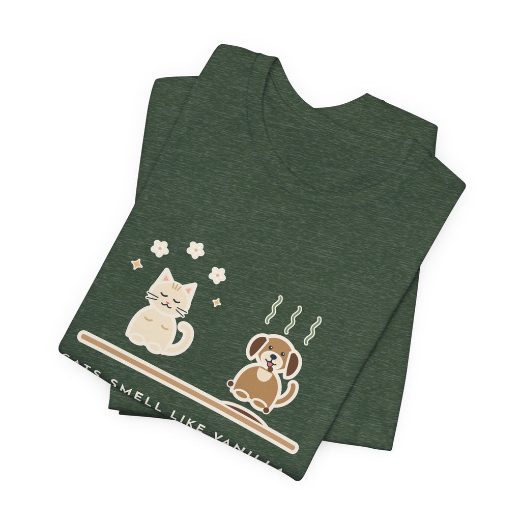 Funny Pet Humor T-Shirt, Cats Smell Like Vanilla, Dogs Smell Like Dogs, Original Illustrated Shirt