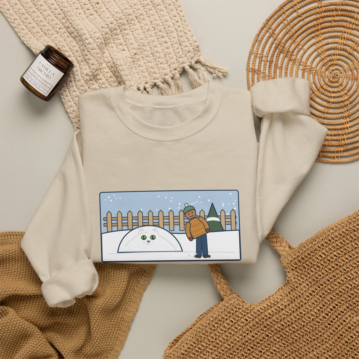 White Cat Sweatshirt, In the Snow, Found Her by the Pink Nose and the Green Eyes, Funny Snowy Backyard Crewneck