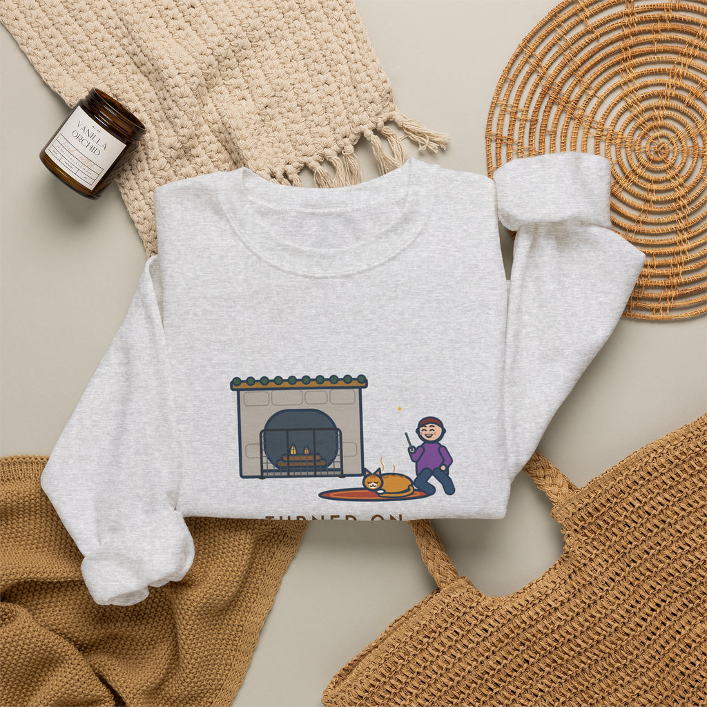 Fireplace Cat Sweatshirt, Turned On the Fireplace, The Cat Claimed the Warm Spot Before the Logs Caught, Funny Hearth Rug Crewneck