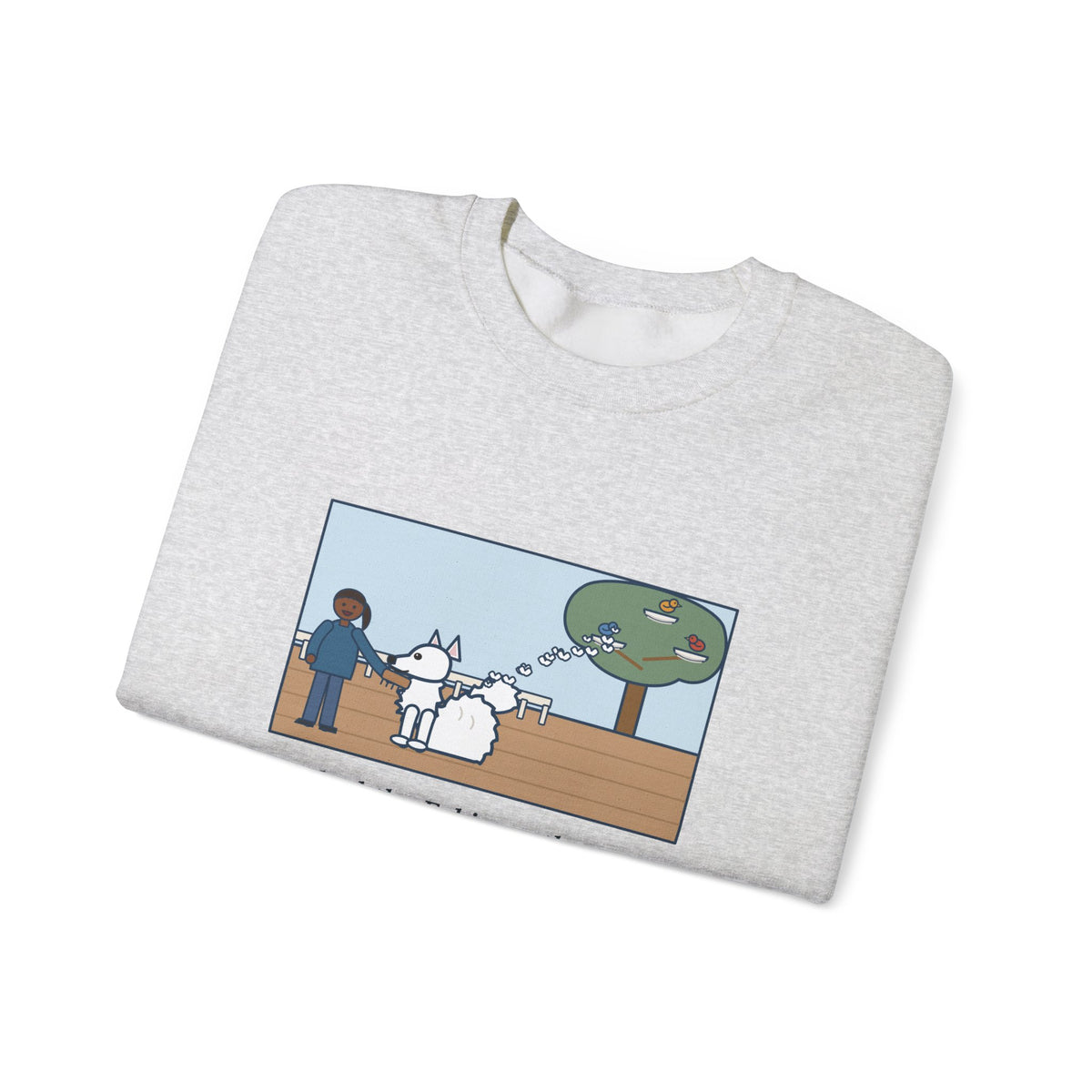 American Eskimo Dog Sweatshirt, Brushed the Eskie on the Porch, The Birds Built Three Nests from It, Funny Porch Brushing Crewneck