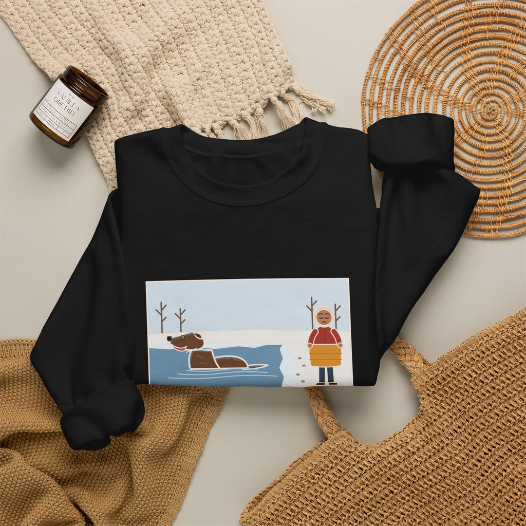 Chesapeake Bay Retriever Sweatshirt, Saw the Lake in January and Went In Anyway, Twice, Funny Winter Lake Crewneck